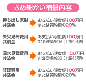 きめ細かい補償内容 持ち出し家財共済金 お支払い限度額100万円または契約額の20% 失火見舞費用共済金 お支払い限度額100万円または契約額の20%(1世帯40万円) 漏水見舞費用共済金 お支払い限度額 50万円または契約額の20%(1世帯15万円) 修理費用共済金 お支払い限度額100万円または契約額の20%