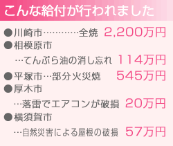 こんな給付が行われました ●川崎市…………全焼 2,200万円●相模原市 …てんぷら油の消し忘れ 114万円●平塚市…部分火災焼 545万円●厚木市 …落雷でエアコンが破損 20万円●横須賀市 …自然災害による屋根の破損 57万円